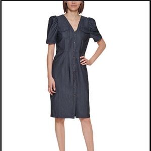Calvin Klein Denim Puff-Sleeve Sheath Dress Sz 6